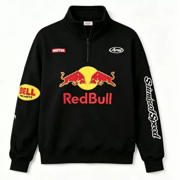 Red Bull Motorcycle Racing Collaboration Half-Zip Stand-Up Collar Sweatshirt with American Racing Print, Loose Fit for Men and Women, Factory Wholesale