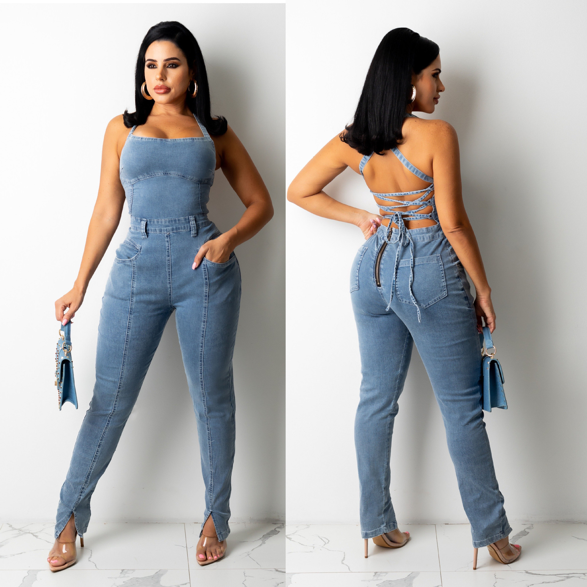 3509跨境亞馬遜速賣通新款歐美休閑時尚修身露背繃帶牛仔連體褲