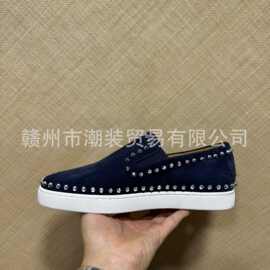 cl andgz男鞋老钱风蓝色麂皮圈银铆钉低帮红底鞋情侣女鞋休闲板鞋