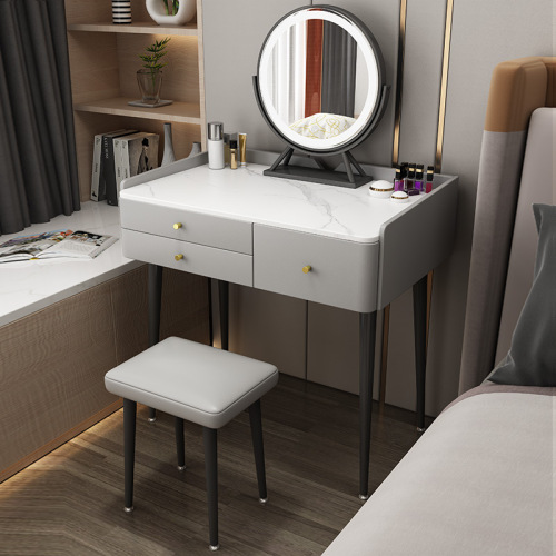 Modern minimalist luxury stone slab vanity table with mirror, makeup vanity with storage, integrated bedroom dressing table