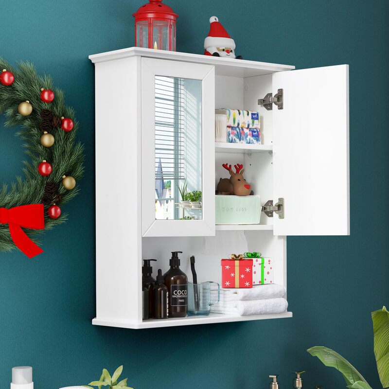 White Bathroom Wall Cabinet Towel Bar Wooden Medicine Cabinet Adjustable Shelf Kitchen Cabinet Bathroom Laundry