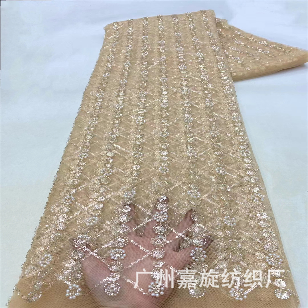 Fabricado de boda pesado francés bordado sequinilla tubo de perlas bordado tela de sequillas bridales tela JX4174
