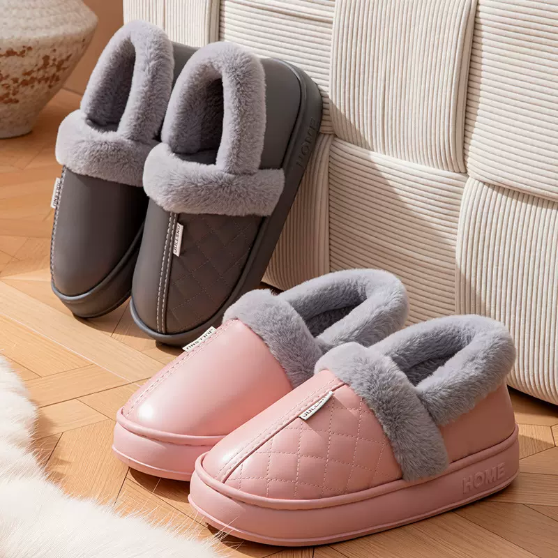厂家防水包跟外穿PU皮面棉鞋居家居厚底保暖冬季防滑棉拖鞋男女