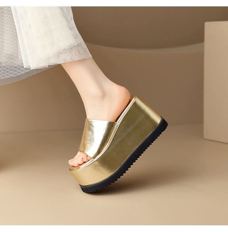 Dép sandal quai ngang da thật đế xuồng cao 8 cm phong cách Âu Mỹ — Màu bạc 10cm, Màu bạc 8cm, Màu vàng kim 10cm, Màu đen 10cm chi tiết 9