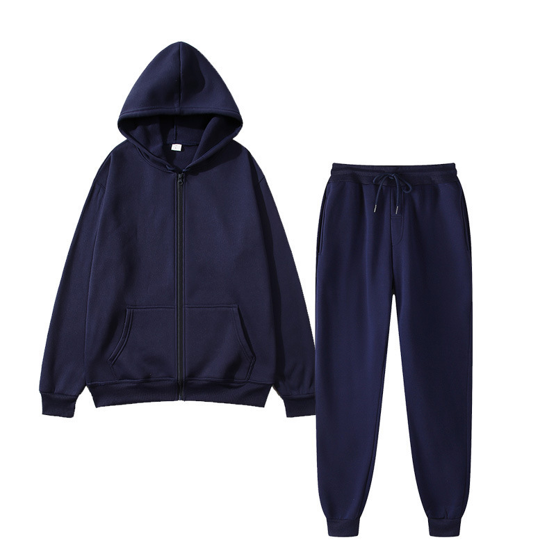 Cross-Border Fleece Men's Zipper Shirt Suit Loose Cardigan Hooded Sweatshirt Sweatpants Solid Color Sportswear Two-Piece Set