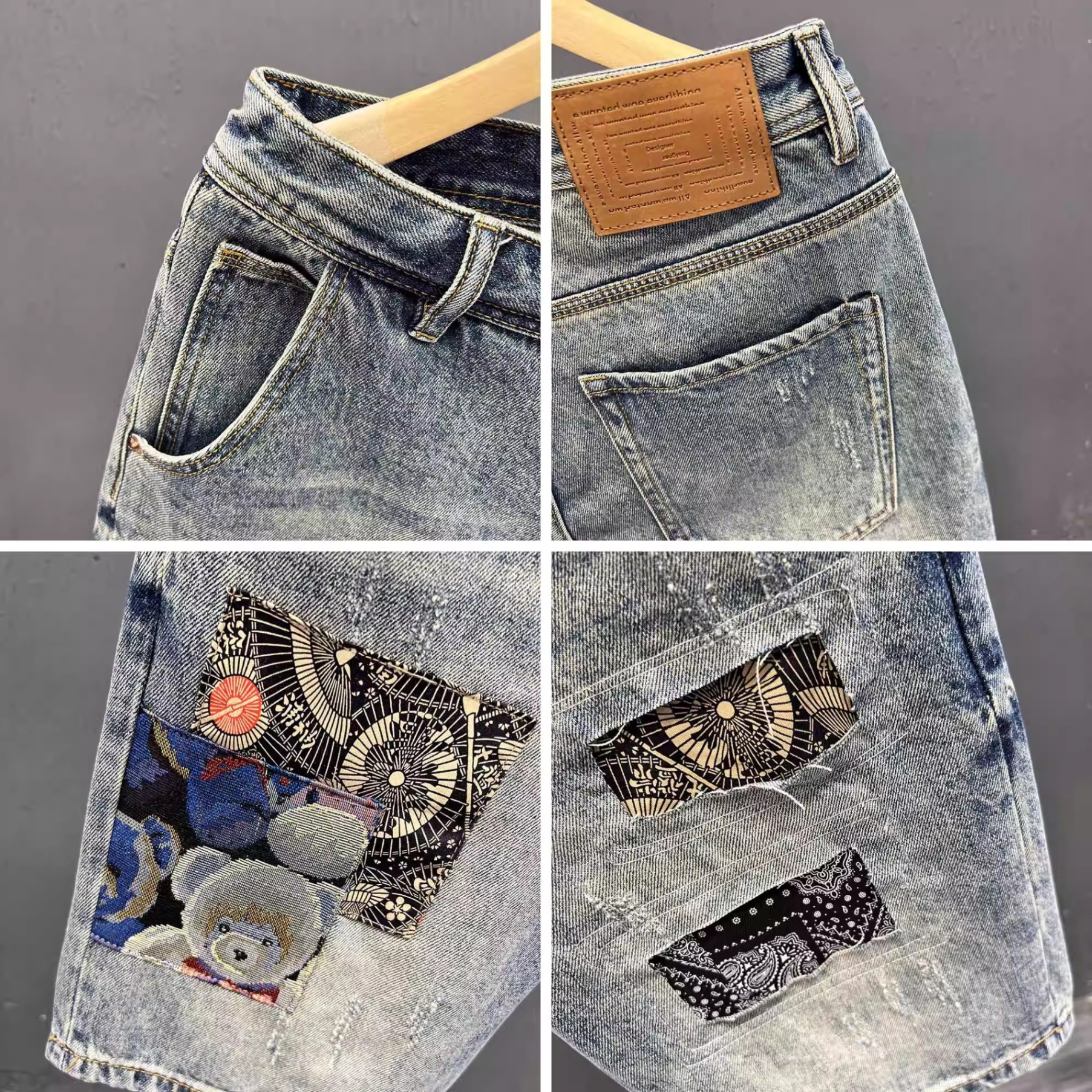 Men's Heavyweight Denim Shorts High Street Style Patchwork Embroidery Summer Cool Stylish Ripped Five-Point Pants Blue_voghion.com