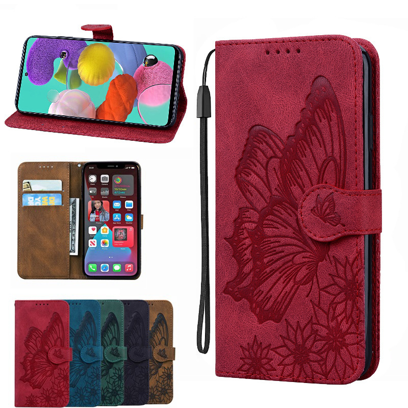 For Samsung A82 Embossed Retro Big Butterfly Phone Case Apple 15Pro Flip Card Holder Soft Protective Cover