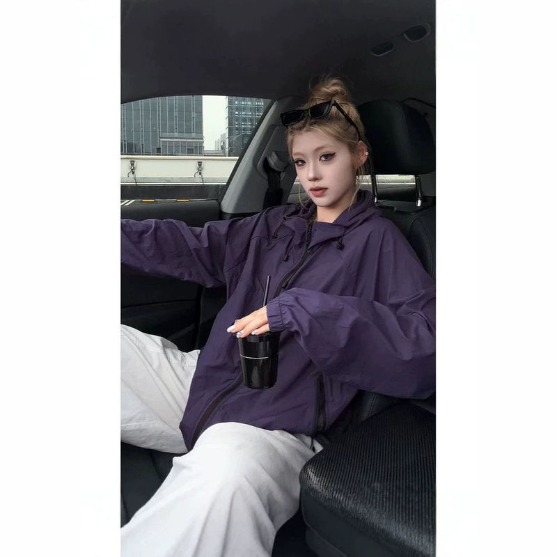 Purple Hooded Sun Protection Jacket for Spring Hiking, Outdoor Couple's Mountaineering Clothing, Windbreaker
