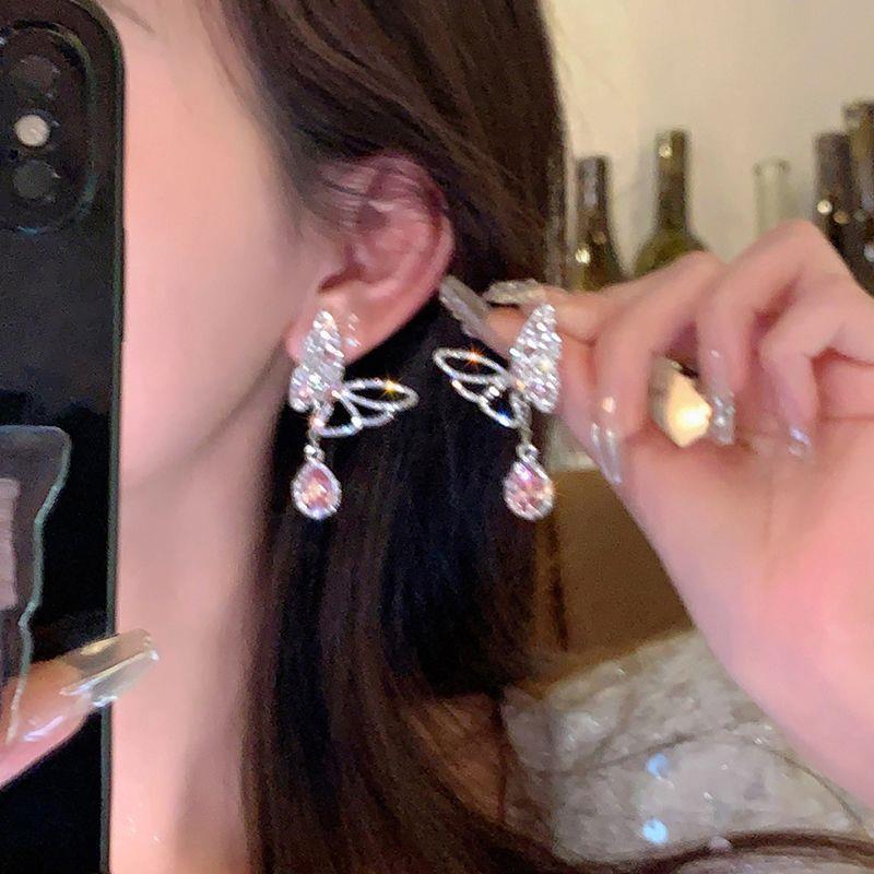 New Pink Full Diamond Butterfly For Women, Simple And Unique Sweet Cool Style, Fairy Alloy Earrings_voghion.com