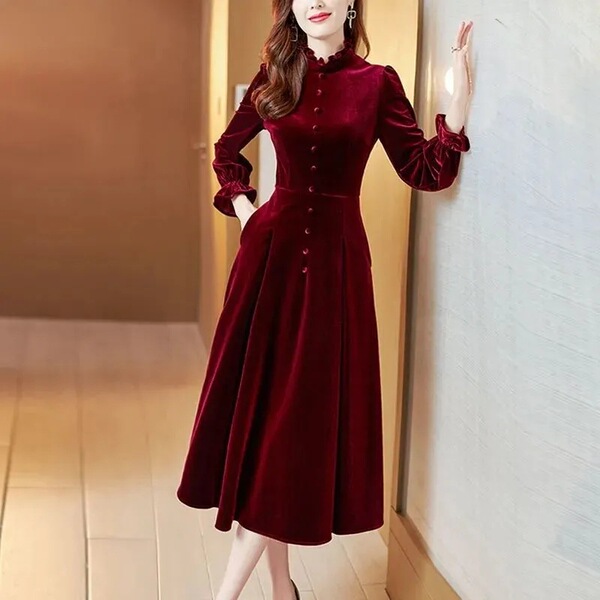 Elite elegant burgundy velvet spring autumn evening dress