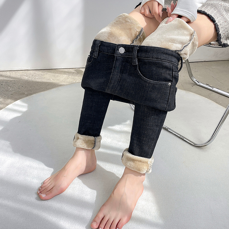 High waist jeans for women 2023 autumn and winter New slimming slub cotton slim fit skinny fleece-lined pencil pants