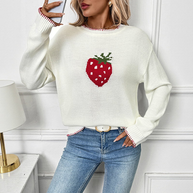 Women's Strawberry Jacquard Knit Sweater - Soft Acrylic Pullover With Loose Fit, Round Neck, Long Sleeves For Casual Comfort_voghion.com