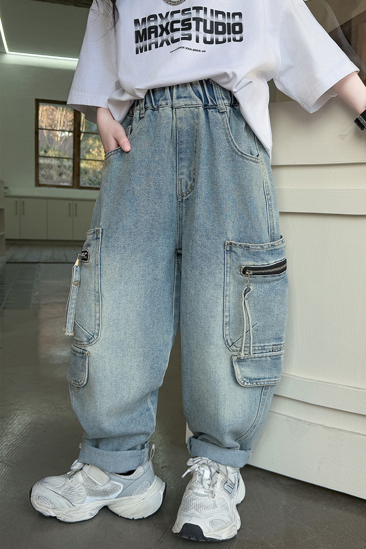 Dívčí široké džíny s kapsami a zipem modré ležérní styl_voghion.com