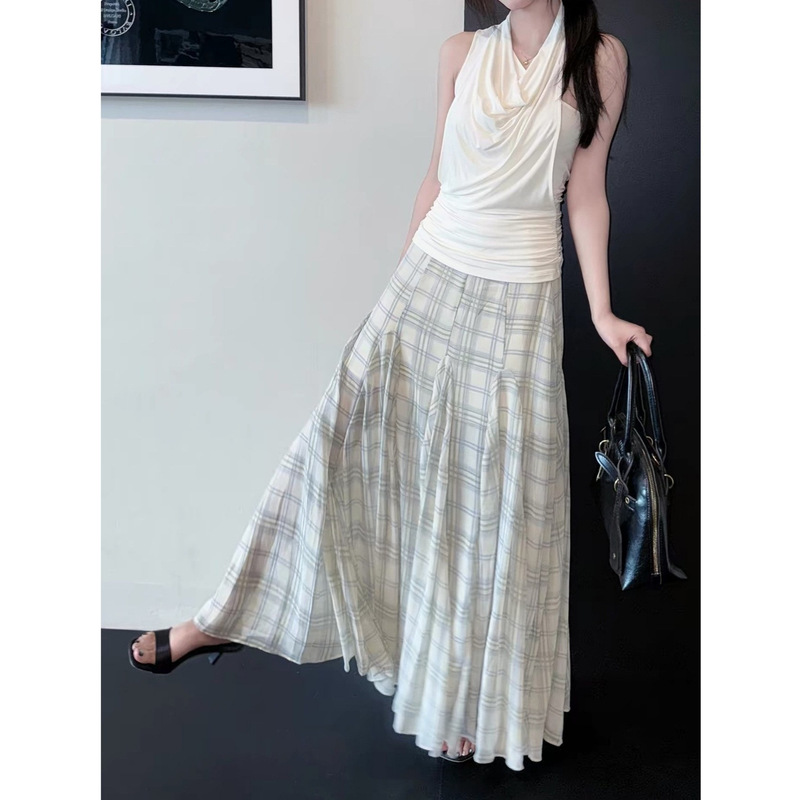 Women's High-End, Elegant, Flowing, Light Blue Plaid Long Skirt, New Style, Gentle Style, Slimming A-Line Skirt Women's High-End, Elegant, Flowing, Light Blue Plaid Long Skirt, New Style, Gentle Style, Slimming A-Line Skirt
