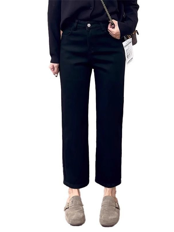 大きいサイズの黒いストレートのジーパンの女性の春秋の新型のナシの形の太った妹の腰の弾力性の9分のタバコの管のズボン|undefined