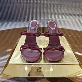 2025冬季新款法式时尚露趾交叉缠绕水钻镶嵌高跟水晶鞋细跟凉鞋