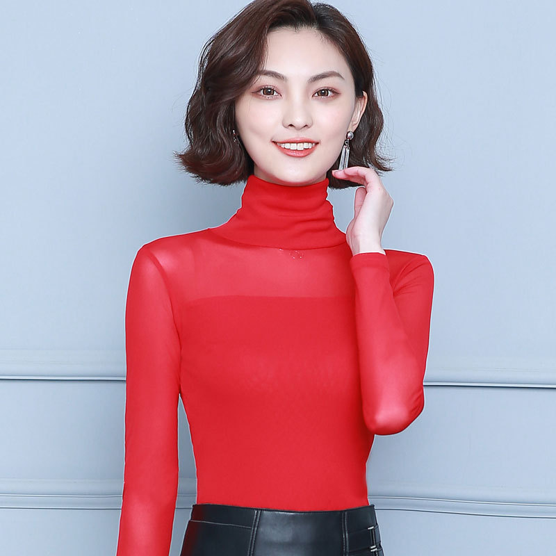 2025 New Autumn Clothing Turtleneck Bottoming Shirt Mesh Long-Sleeved T-Shirt Women's Tops Large Size Thin Small Shirt Lace Shirt Trbottomy