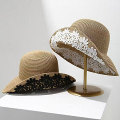 麦わら帽子女夏旅行休暇日焼け止め折り畳み可能な日よけ帽子ファッションレース手作りデカール草編み日よけ帽子