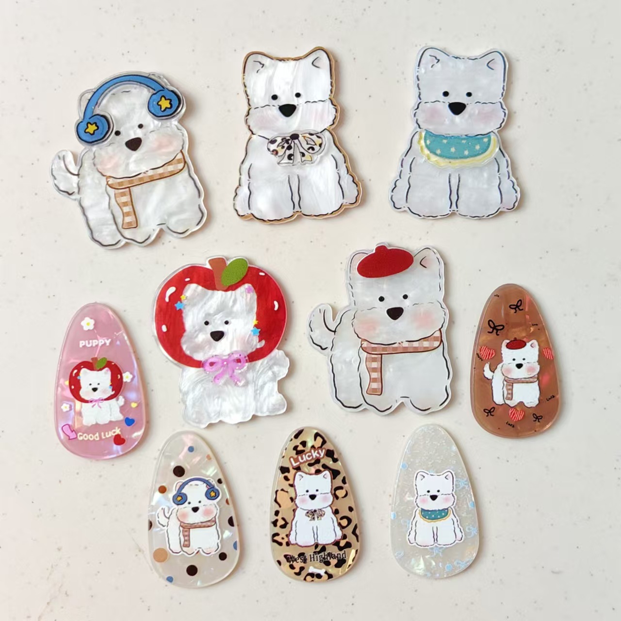 새로운 만화 웨스트 하이랜드 강아지 물 방울 아크릴 액세서리 DIY 헤어핀 휴대 전화 케이스 신발 꽃 소재 배치
