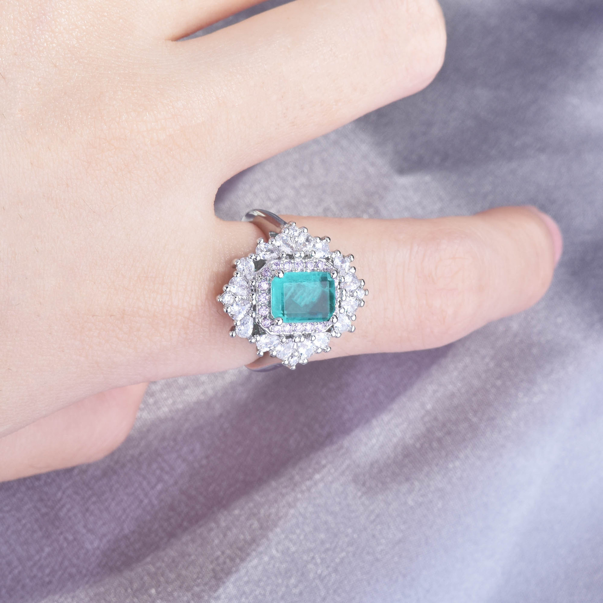 Paraiba Ring Princess Square Diamond Emerald Cut Color Treasure Open Ring display picture 7