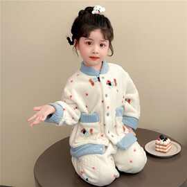 儿童秋冬款法兰绒睡衣宝宝1加绒中厚家居服腊肠狗小女孩5开衫套装