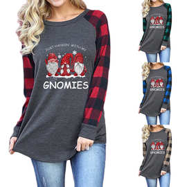 2020亚马逊热卖外贸女上衣 圣诞老人图案印花圆领插肩长袖t恤女