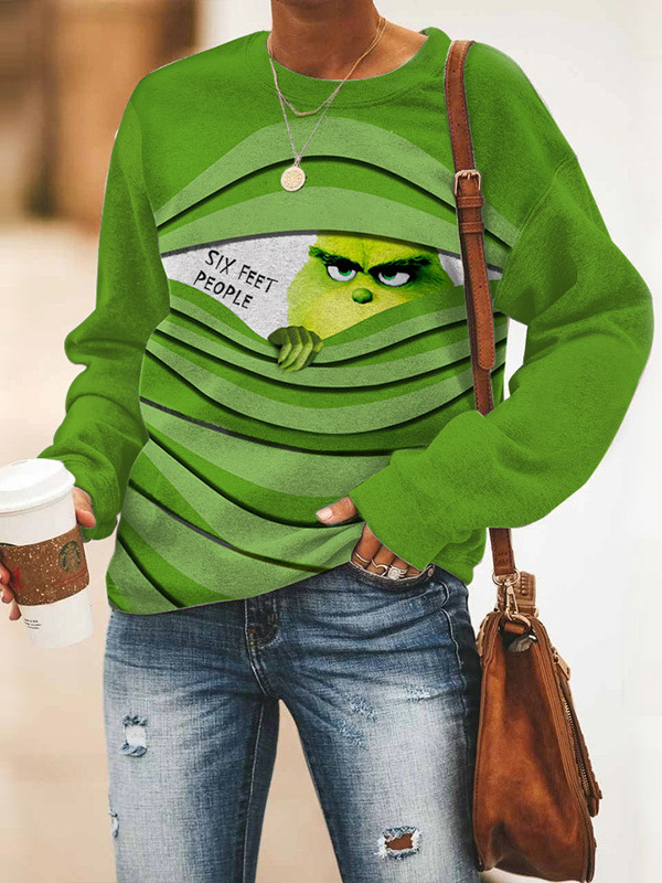 Comercio exterior de Europa y los Estados Unidos prendas de vestir de mujer impresas de manga larga ocio extraño verde monstruo otoño invierno camiseta de Navidad camiseta superior base