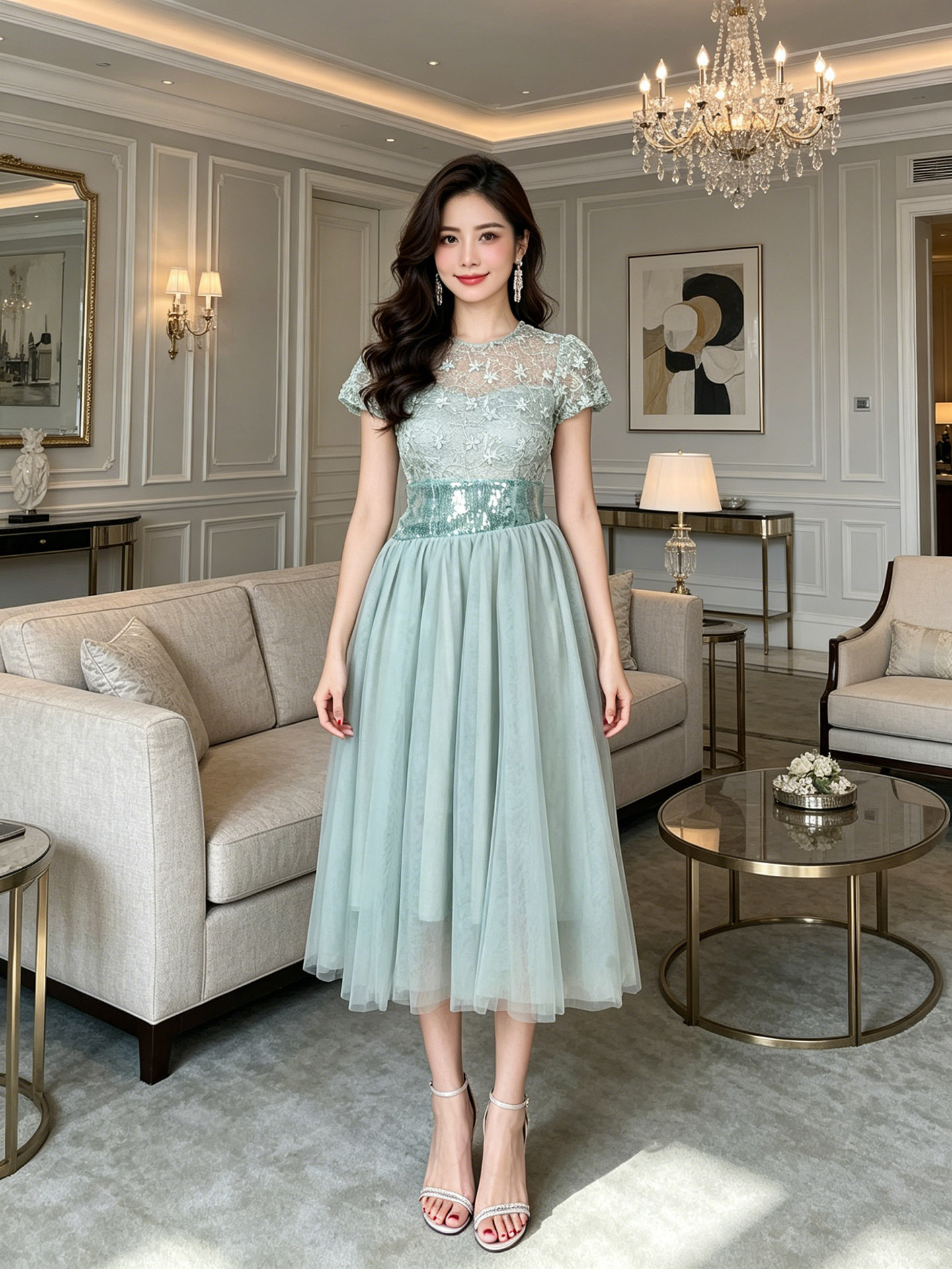Đầm nữ cổ tròn ren phối thắt lưng dáng suông midi — Đậu xanh