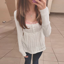 早秋甜辣风麻花棉纯色长袖毛织衫少女风高腰A字下摆休闲上衣