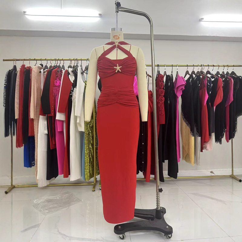 Ins New European and American Cross-Border Sexy Women's Tight-Fitting Hip-High Elastic Bandage Dress Banquet Party Evening Dress