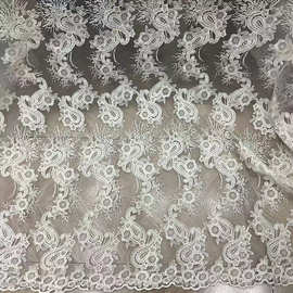 网纱刺绣婚纱蕾丝绣花面料 双边波浪亮片服装水溶绣花布窗帘花边