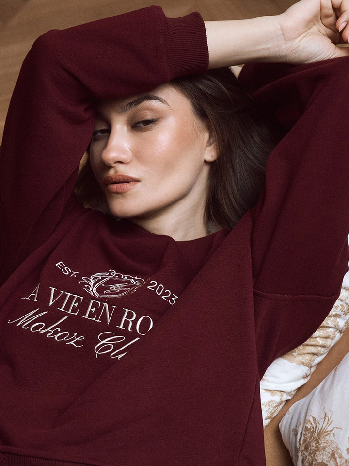 Bộ đôi áo nỉ thêu và quần dài nữ phong cách casual — Màu trắng nhạt, Màu xanh hải quân, màu xám, nâu sẫm chi tiết 44