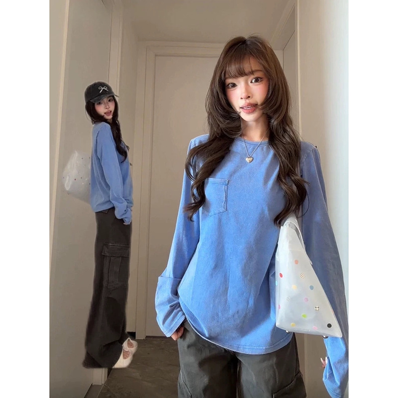 Blue loose long-sleeve T-shirt for women, spring and autumn, Korean-style design, basic top, slimming, versatile, solid color base shirt Blue loose long-sleeve T-shirt for women, spring and autumn, Korean-style design, basic top, slimming, versatile, solid color base shirt