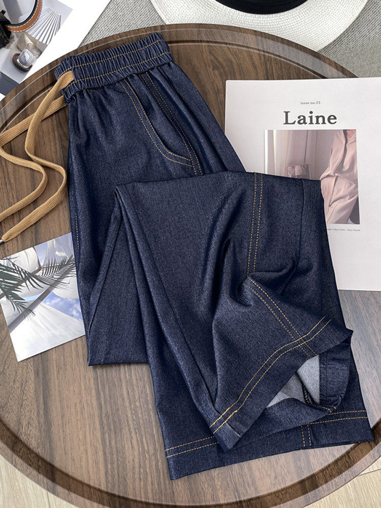 Quần jean nữ ống rộng cạp cao vải denim mỏng nhẹ dáng suông — Đen - Loại thông thường