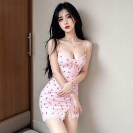 美诱佳少女睡衣粉色樱桃蕾丝激情性感吊带超短修身紧身连衣睡裙