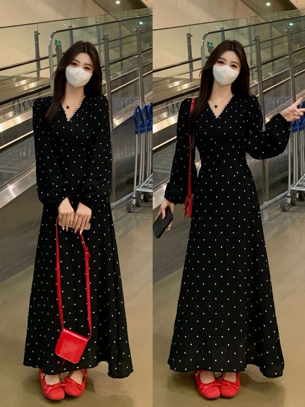 大码女装2025秋季气质赫本风收腰显瘦式复古长袖连衣裙女|undefined