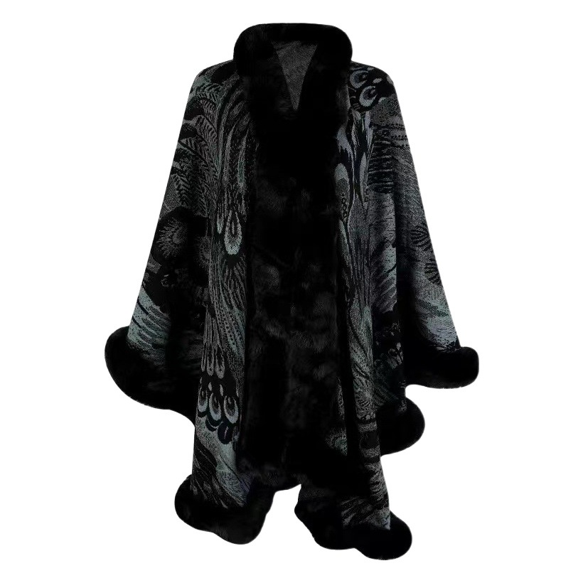 Direct from the Manufacturer: European and American Cross-Border Peacock Jacquard Cape for Women, Faux Fur Trim, V-Neck Cardigan Shawl, Autumn and Winter Shawl
