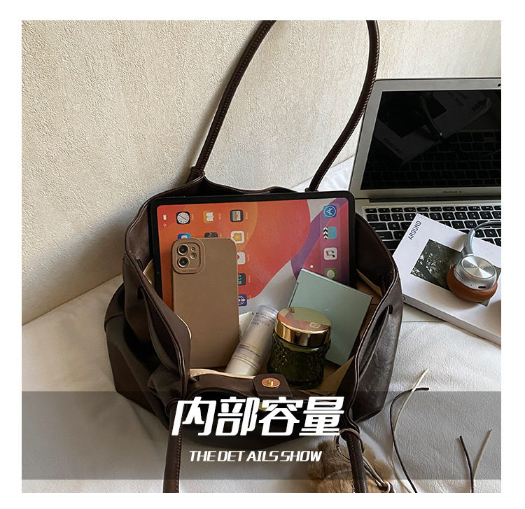 Túi xô nữ dáng tote xách tay dung tích lớn phong cách retro, đeo vai và kẹp nách — Màu nâu cà phê không kèm phụ kiện, Màu nâu không kèm phụ kiện, Màu đen không kèm phụ kiện, Màu nâu có móc treo chi tiết 4