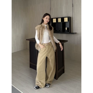 ICCIICC 冬季保暖复合绒阔腿弯刀裤撞色明线松弛感牛仔裤女11110B