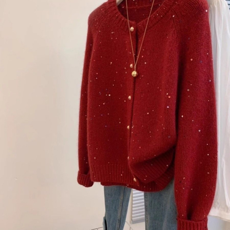 Gentle atmosphere sequin round neck sweater autumn and winter natal New Year sweater jacket