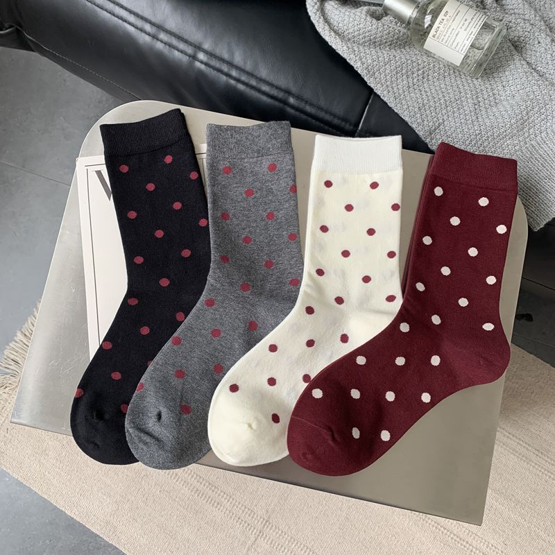 Ankora Red Socks Mid-length Socks Women's Spring and Autumn Ins Fashionable Cotton Socks Japanese-style Korean-style Wave Dot wine red Stockings