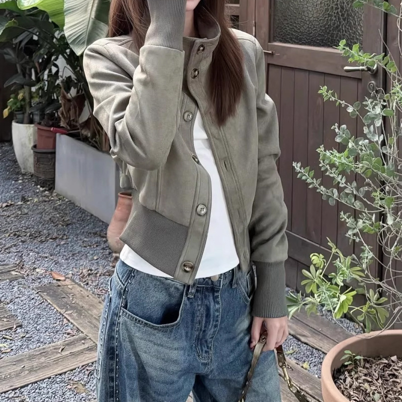 锦倩自制短款立领麂皮质感夹克女秋新品收腰显瘦设计感外套复古风|undefined