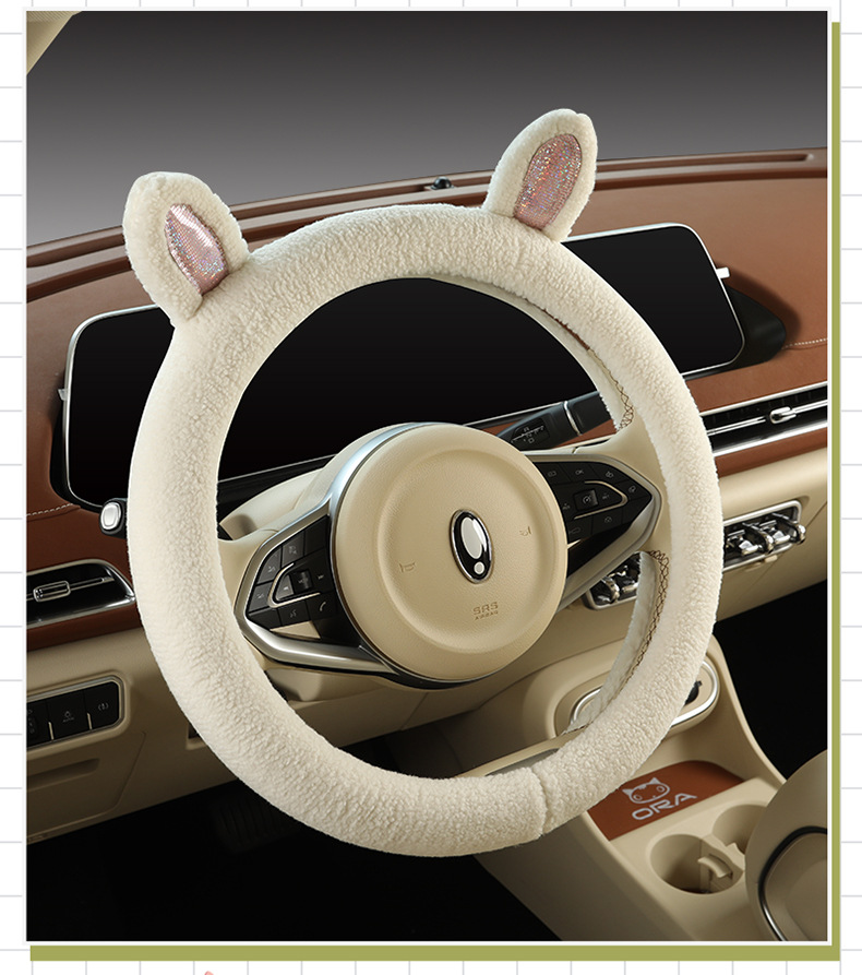 Plush steering wheel cover winter teddy velvet D-type cute cartoon car interior decoration girl protective cover warm handle cover