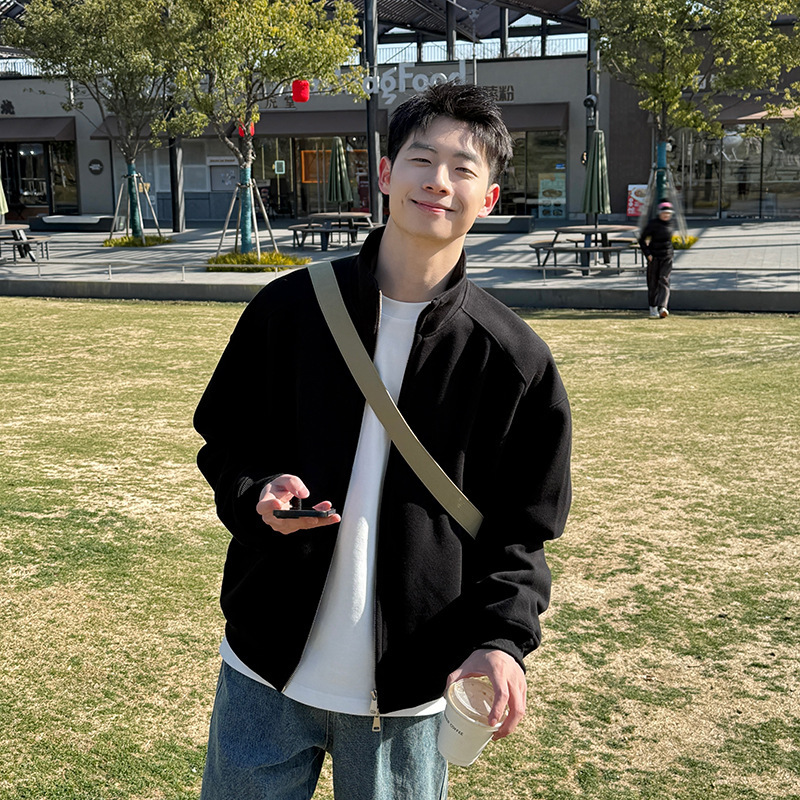 2025春秋黑色短款立领卫衣开衫男春秋季上衣外套休闲宽松潮流|undefined