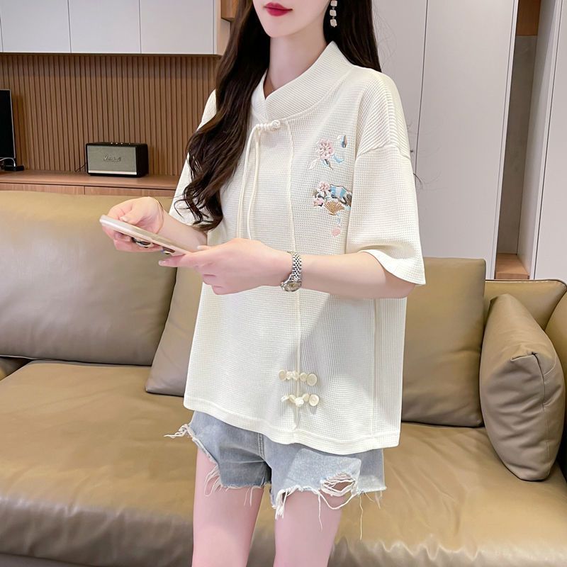 Waffle camiseta de manga corta para mujer, verano suelto, talla grande, sentido de diseño para mujer, nuevo top con hebilla de disco de estilo chino de Xiaozhong image 7