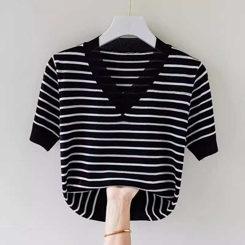 Ice Silk Stripe Design Short-sleeved plus size T-shirt Women's V-neck Knitted Base Shirt Summer Short Slim-fit Top for Women