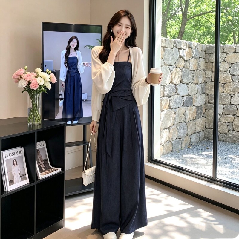 2026 Fashionable Summer Elegant Slim-Fit Versatile Cardigan and Camisole Set with Wide-Leg Pants Cross-Border