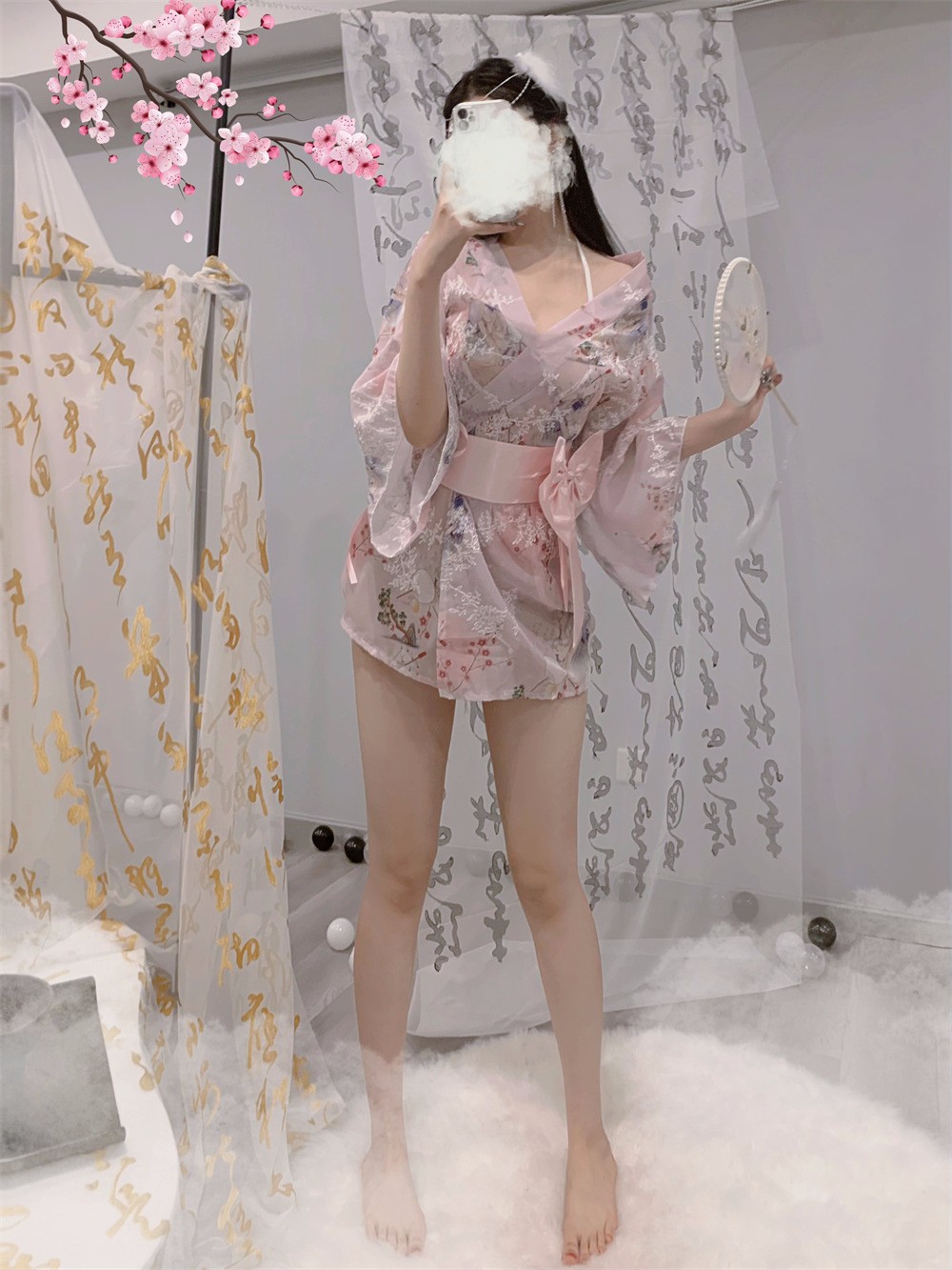 Women’s Chiffon Kimono Robe Set with Bow and White Stockings, One Size — detail image 15