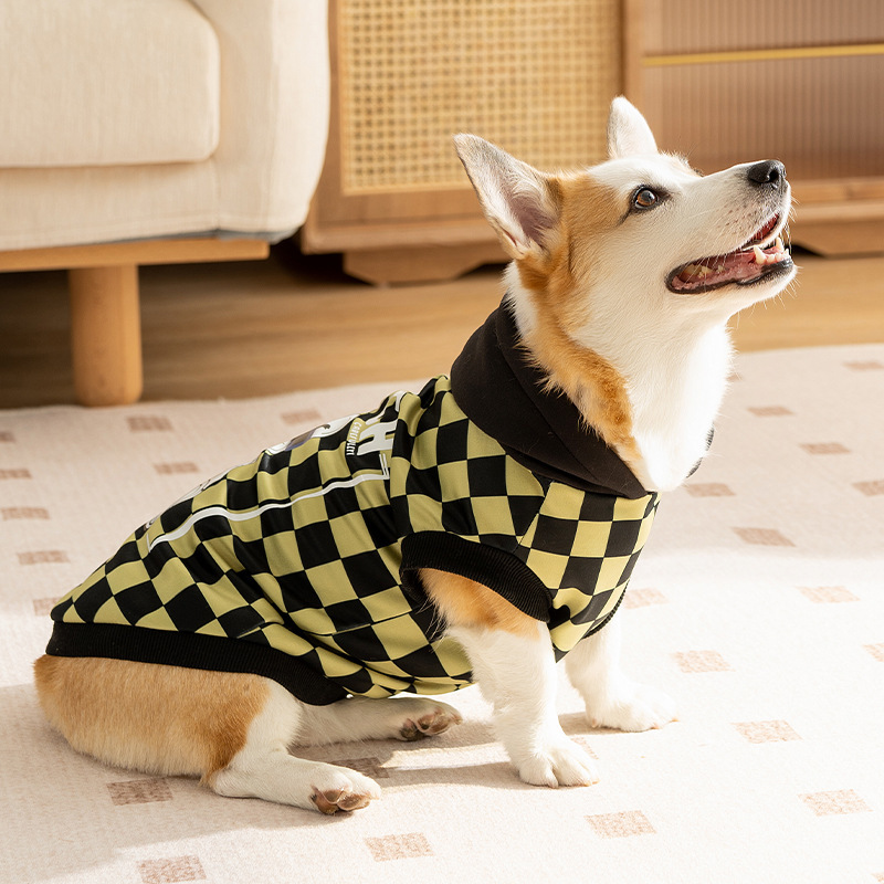 Impresión a cuadros con capuzas de tamaño medio Corgi camisa larga larga espalda guapo otoño invierno delgada mascota ropa de perro lote