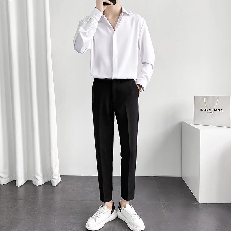 Spring and Summer High Texted Shirt Pants suit Men's plus size Stretch Shirt Non-ironing Long-sleeved Loose Casual Trendy Men's Wear